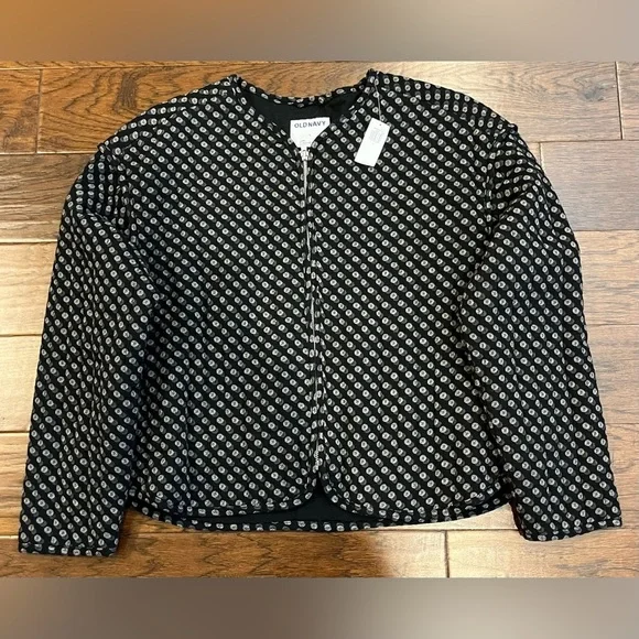 NWT Old Navy Women’s Geo Quilted Bomber Jacket L Black Navy White Zip Up - Picture 2 of 7